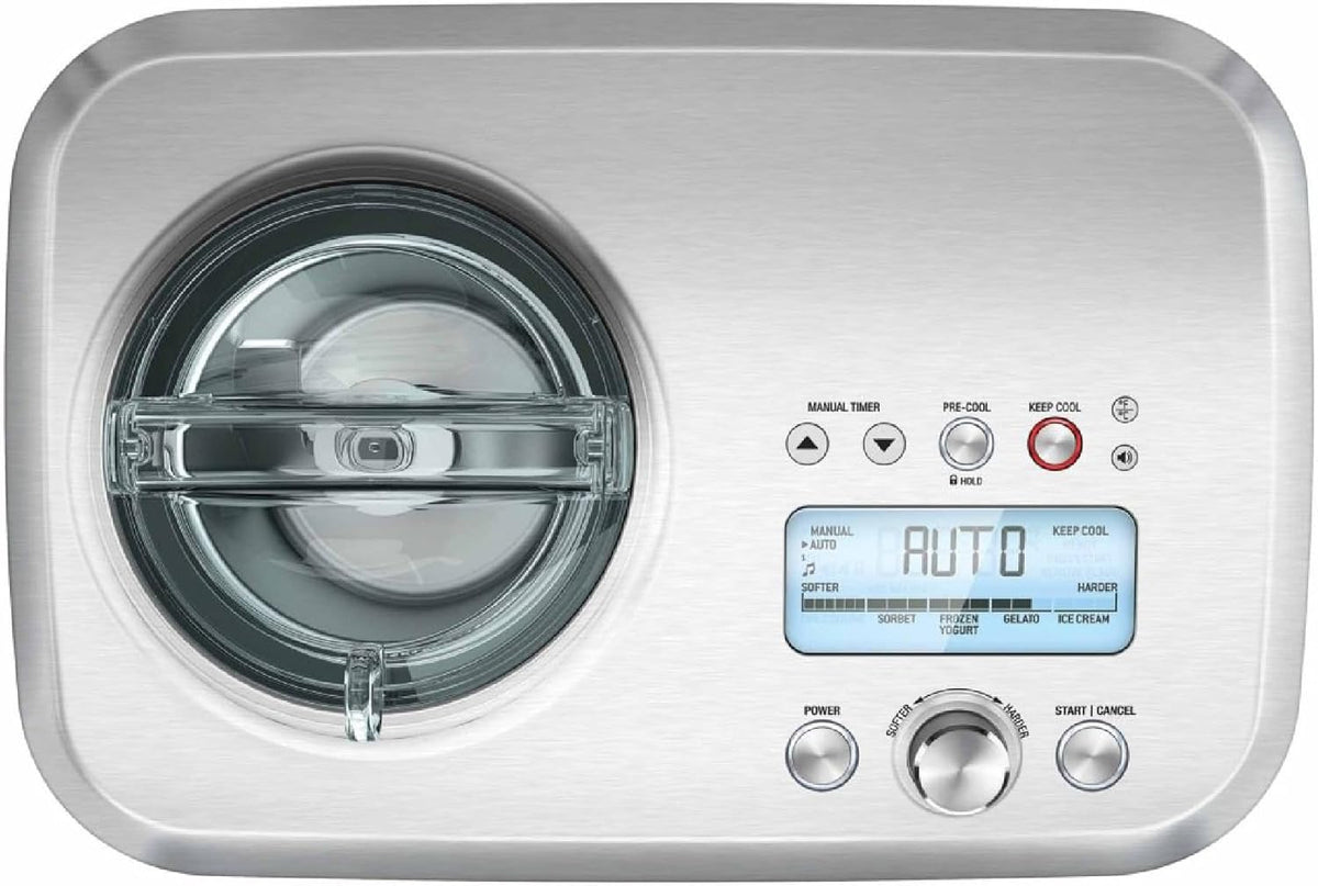 Sage the Smart Scoop from above with the bowl, paddle and lid fitted and the LCD reading Auto, official view