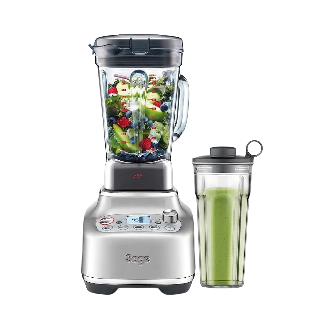 Sage the Super Q with its 2 L jug full of fruit and vegetables and the personal blender cup alongside, official view