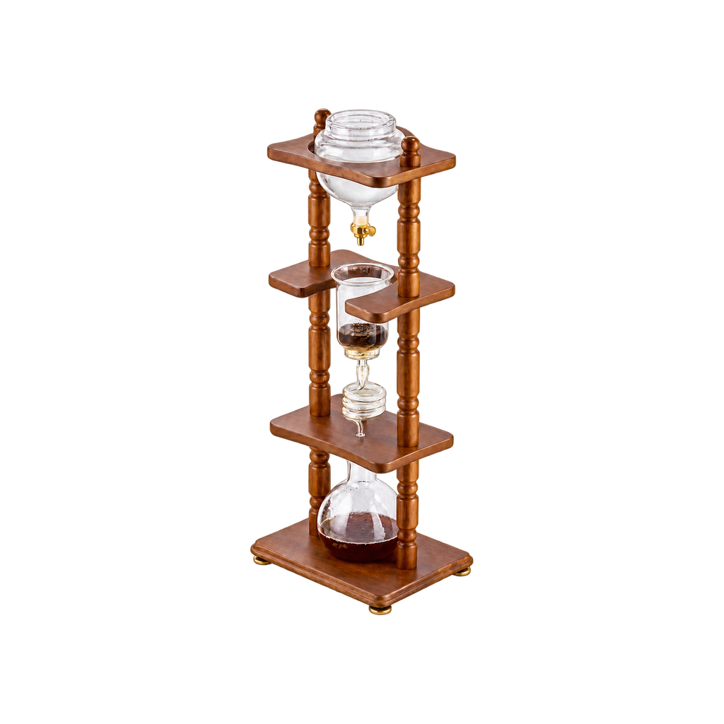 Yama 6-8 Cup Cold Drip Maker Curved Brown Wood Frame — product view on transparent background