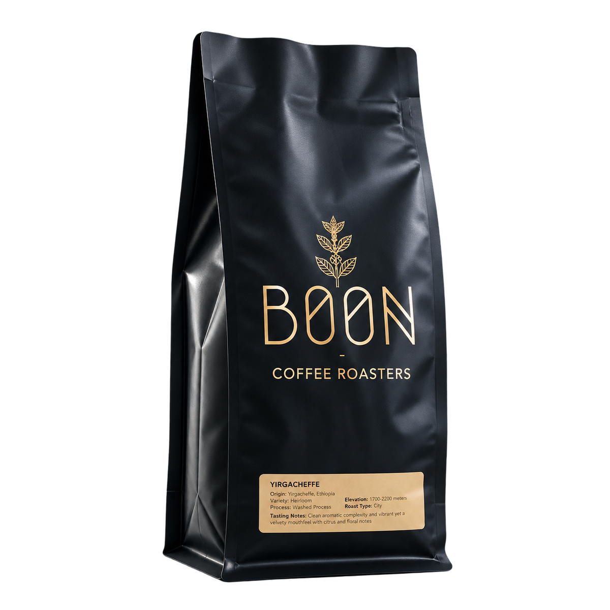 Boon Yirgacheffe coffee bag, upright three-quarter studio view on transparent background