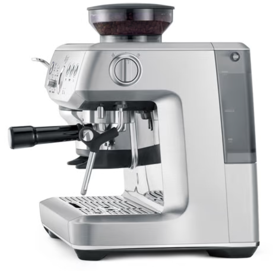 Sage the Barista Express Impress with the assisted tamping lever and portafilter cradle up close, official photography