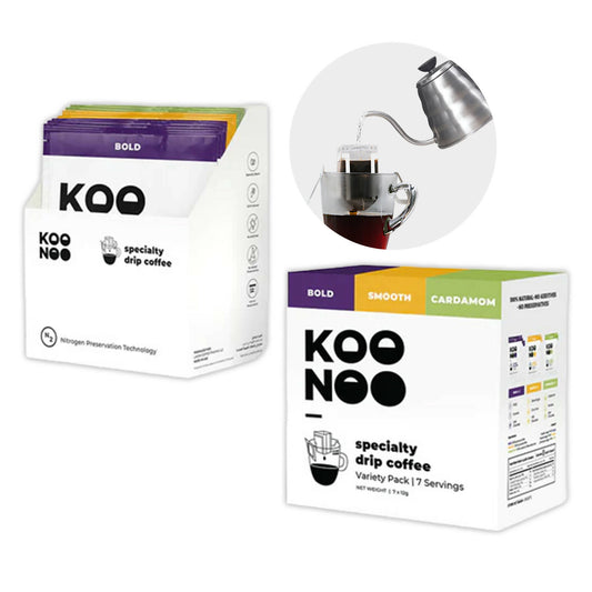 KOONOO Variety Pack | Bold, Smooth, Cardamom | 7 x 12g Sachets | Specialty Drip Coffee | Made in UAE - BeanBurds Koonoo Specialty Drip Bags