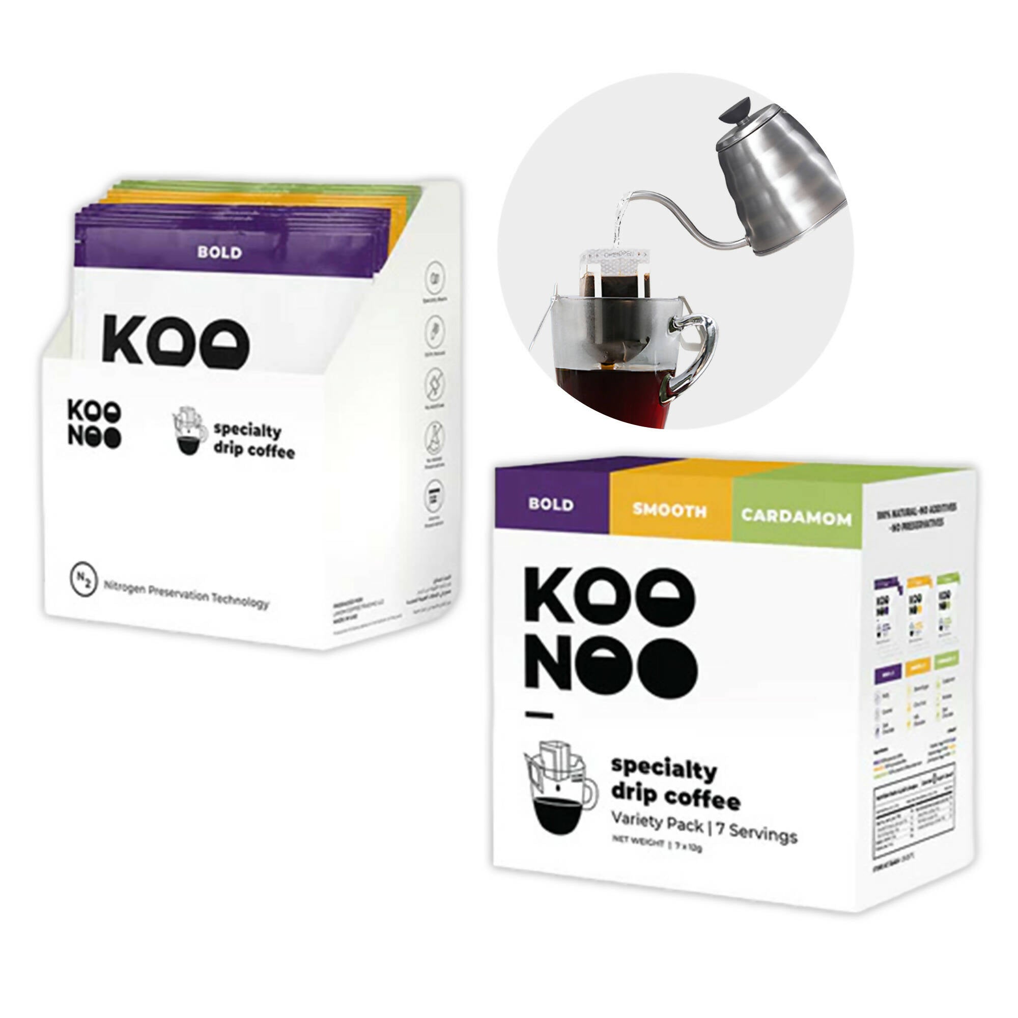 KOONOO Variety Pack | Bold, Smooth, Cardamom | 7 x 12g Sachets | Specialty Drip Coffee | Made in UAE
