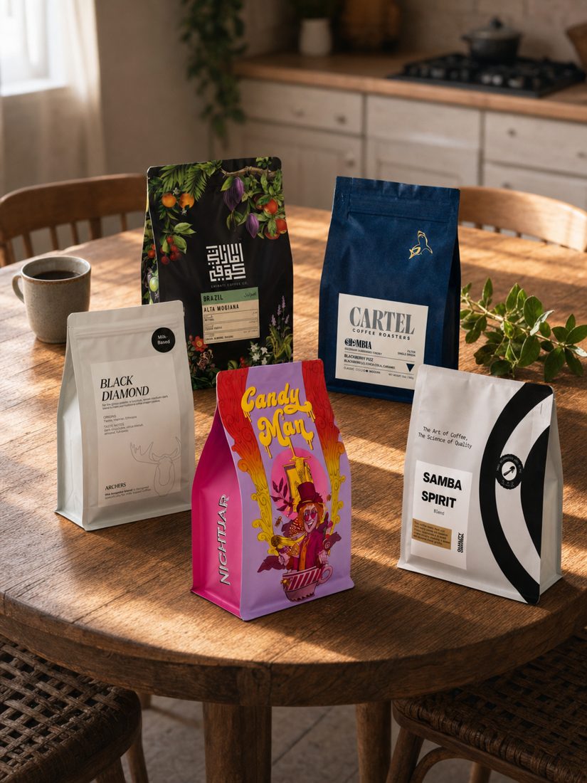 Specialty coffee bags from UAE roasters on a home kitchen table in warm morning light