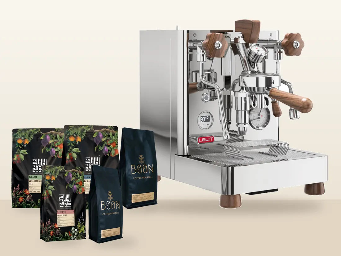 The official Lelit Bianca V3 render beside real bean bags from Emirati Coffee and Boon Coffee Roasters